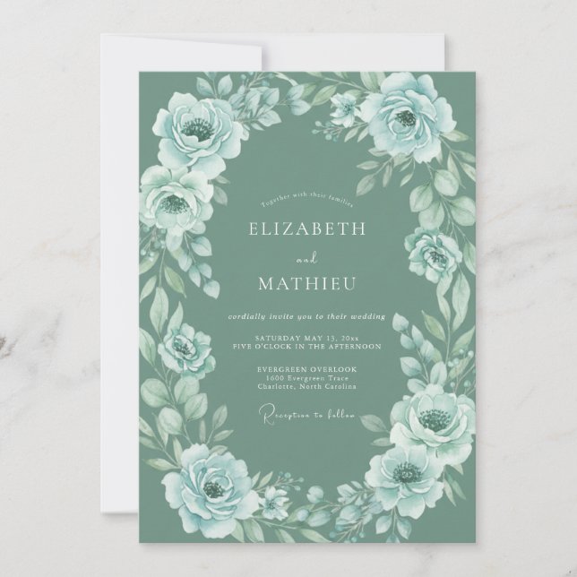 Invitation Mariage Éthéré aux Fleurs Bleu Poussiéreux (Devant)