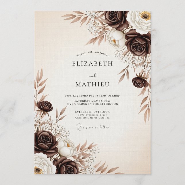 Invitation Mariage Éthéré aux Fleurs Brunes (Devant)
