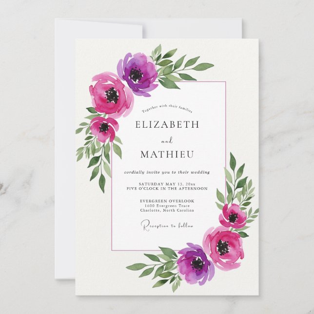 Invitation Mariage Éthéré aux Fleurs de Magenta (Devant)