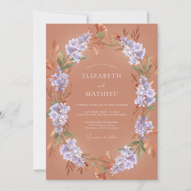 Invitation Mariage Éthéré aux Fleurs de Pourpre Poussiéreuse (Devant)