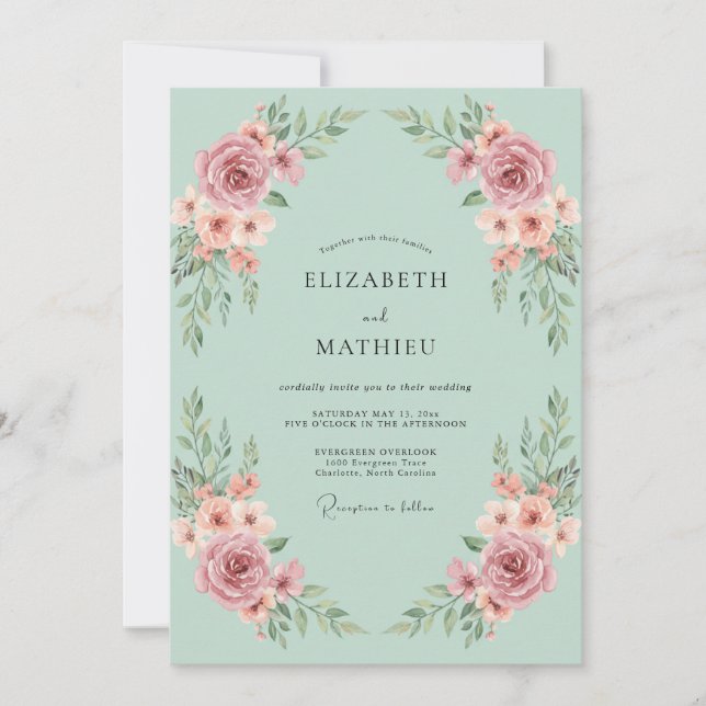 Invitation Mariage Éthéré aux Fleurs Roses (Devant)