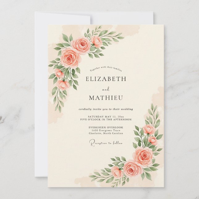 Invitation Mariage Éthéré aux Pétales de Pêche (Devant)