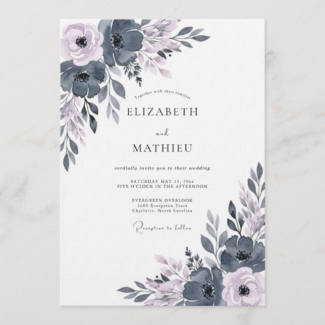 Invitation Mariage Éthéré Bleu Ardoise avec Fleurissement (Devant)