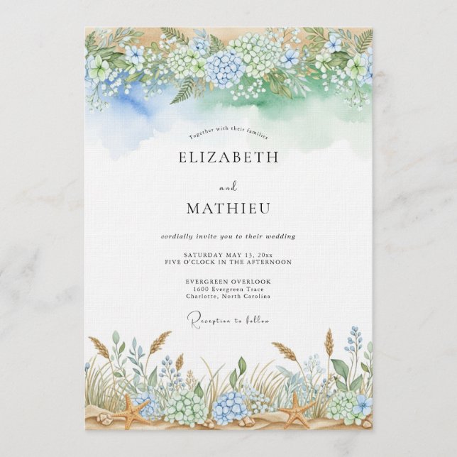 Invitation Mariage Éthéré Bleu Florissant (Devant)