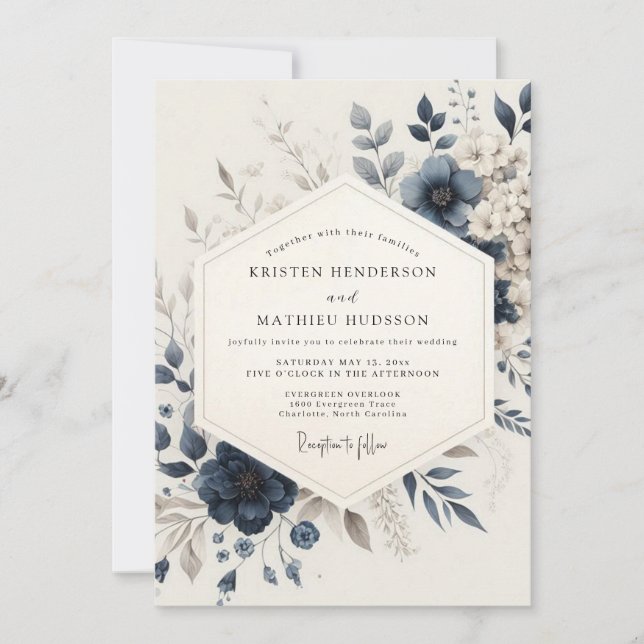 Invitation Mariage Ethéré Bleu Marine (Devant)