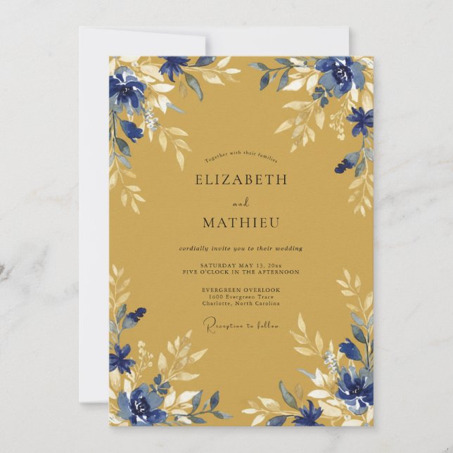 Invitation Mariage Éthéré Blue Gold Flourish (Devant)