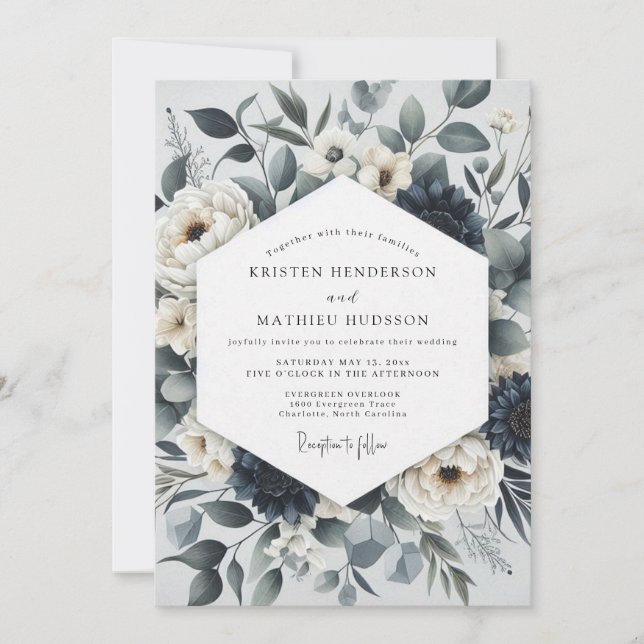 Invitation Mariage Éthéré Botanique Bleu Ardoise (Devant)