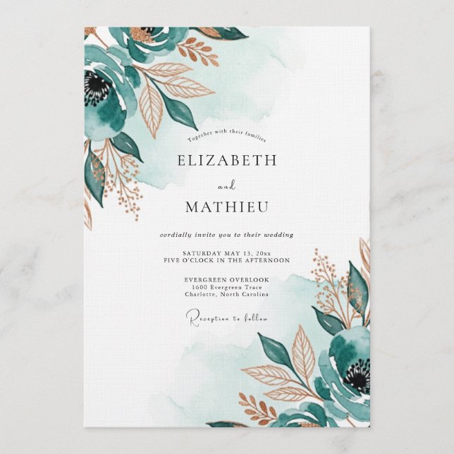 Invitation Mariage Éthéré Botanique Sarcelle (Devant)