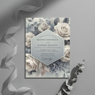 Invitation Mariage Éthéré Fleur Bleue Ardoise