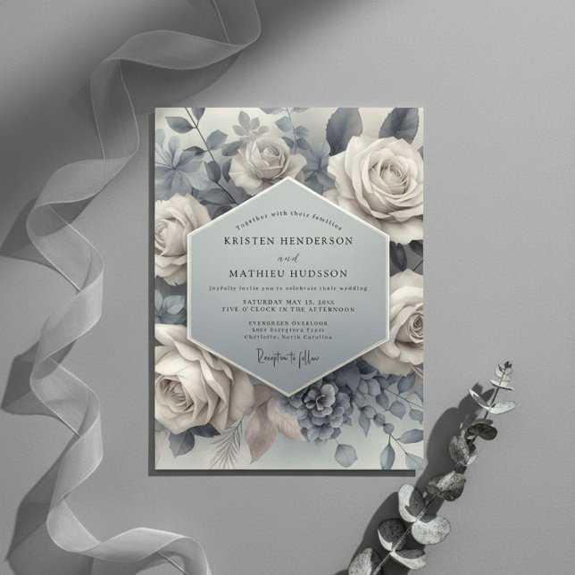 Invitation Mariage Éthéré Fleur Bleue Ardoise (Créateur téléchargé)