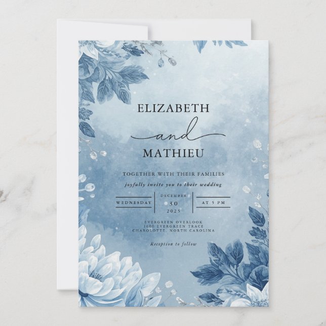 Invitation Mariage Ethereal Bleu Botanique Romance (Devant)