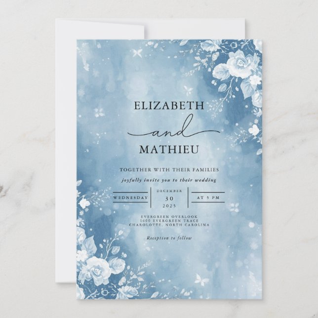Invitation Mariage Ethereal Blue Floral Frost (Devant)