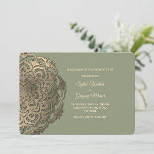 Invitation Mariage Ethnique Classique Vert Sauge et Or Faux