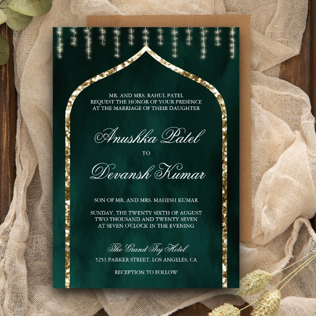Invitation Mariage Ethnique Indien à l'Arche de l'Or Vert Eme (Créateur téléchargé)