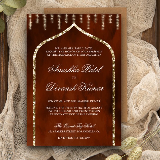 Invitation Mariage Ethnique Indien à l'Arche Dorée Orange Brû (Créateur téléchargé)