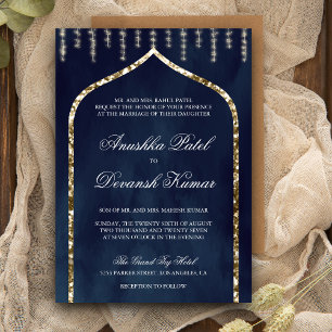 Invitation Mariage Ethnique Indien à l'Arche en Or et Bleu Ma