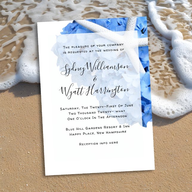 Invitation Mariage Étoile de Mer Côtière et Hortensia Bleu (Créateur téléchargé)