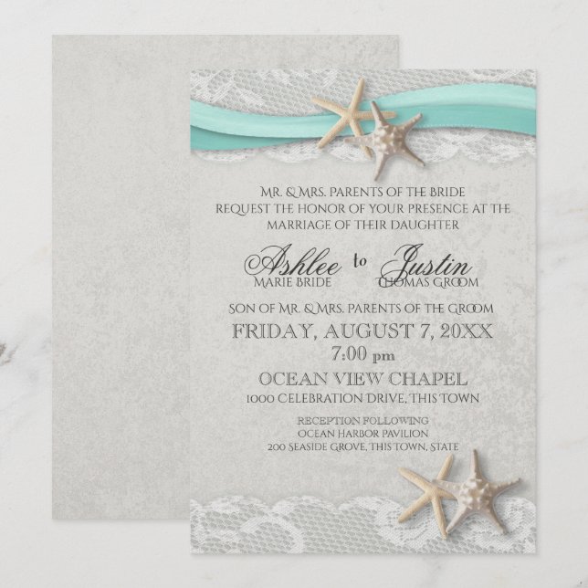 Invitation Mariage étoile de mer dentelle grise et aqua (Devant / Derrière)