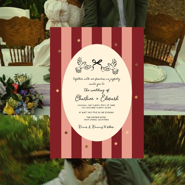 Invitation Mariage étoile dorée rayée rose rouge  (Créateur téléchargé)