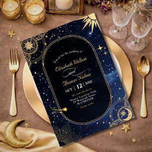 Invitation Mariage Étoile Filante Céleste Bleu Soleil Lune