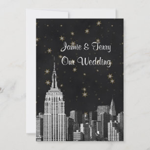 Invitation Mariage étoilé noir gravé sur la skyline de l'ESB