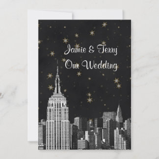 Invitation Mariage étoilé noir gravé sur la skyline de l'ESB