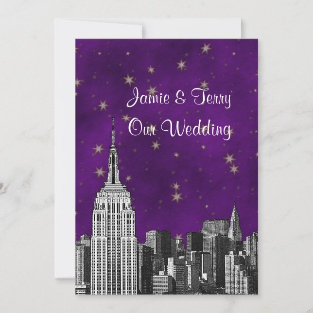 Invitation Mariage étoilé violet avec vue sur la skyline de N (Devant)