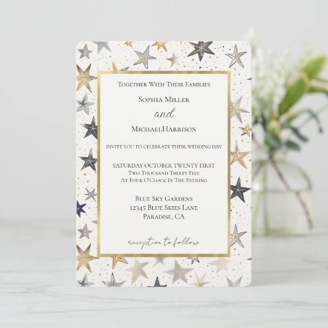 Invitation Mariage étoiles bleues or argent (Debout devant)