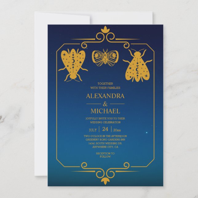 Invitation Mariage Étoiles Célestes Bleu Mystique Or   (Devant)
