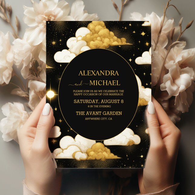Invitation Mariage Étoiles Célestes Or Noir Mystique (Créateur téléchargé)