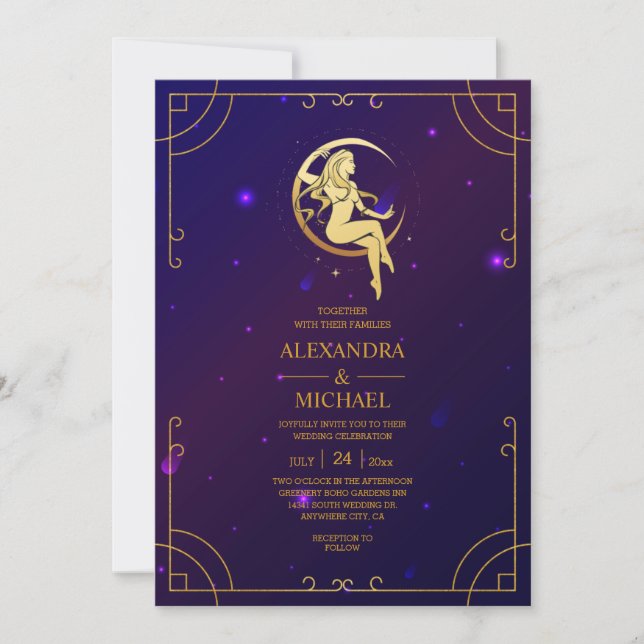 Invitation Mariage Étoiles Célestes Rose Bleu Mystique    (Devant)