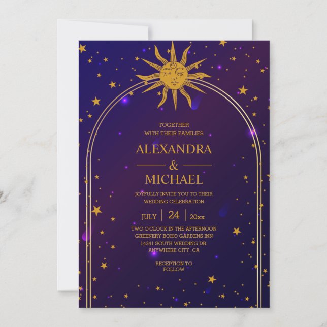 Invitation Mariage Étoiles Célestes Rose Bleu Mystique (Devant)