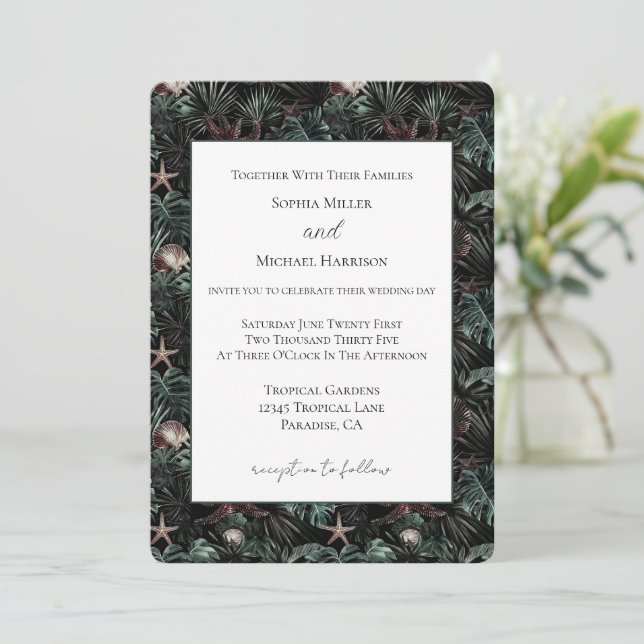 Invitation Mariage Étoiles de Mer Feuilles Tropicales Vertes  (Debout devant)
