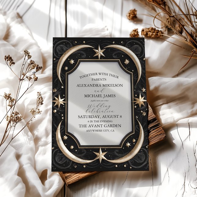 Invitation Mariage Étoiles Lune Noire Minuit Céleste (Créateur téléchargé)