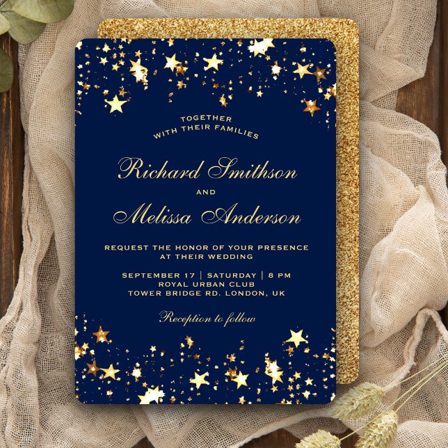 Invitation Mariage Étoiles Pailletées Bleu Glamour (Créateur téléchargé)