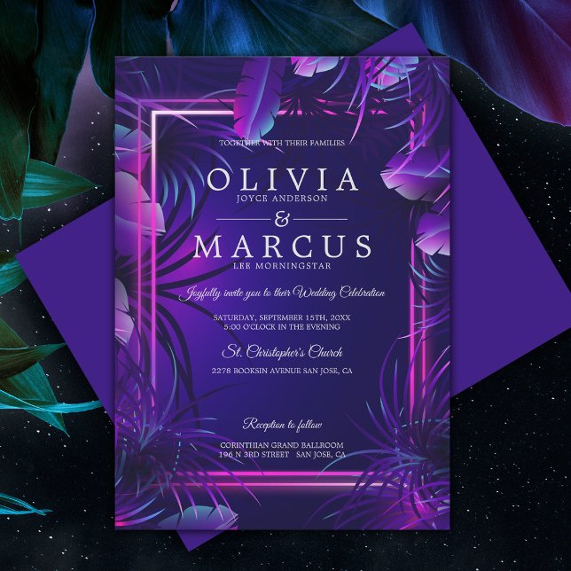Invitation Mariage | Étonnant feuillage Tropical Néon (BOLD  Tropical Neon Wedding in shades of blue and purple.)