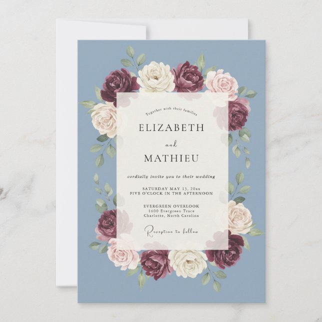 Invitation Mariage Étreinte de Pétales Bleu Ardoise (Devant)