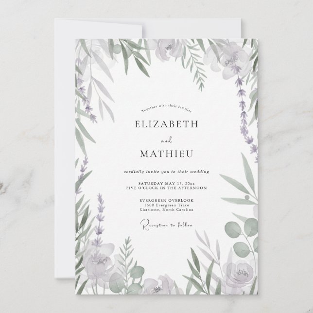 Invitation Mariage Eucalyptus à Feuillage Argenté et Lavande (Devant)