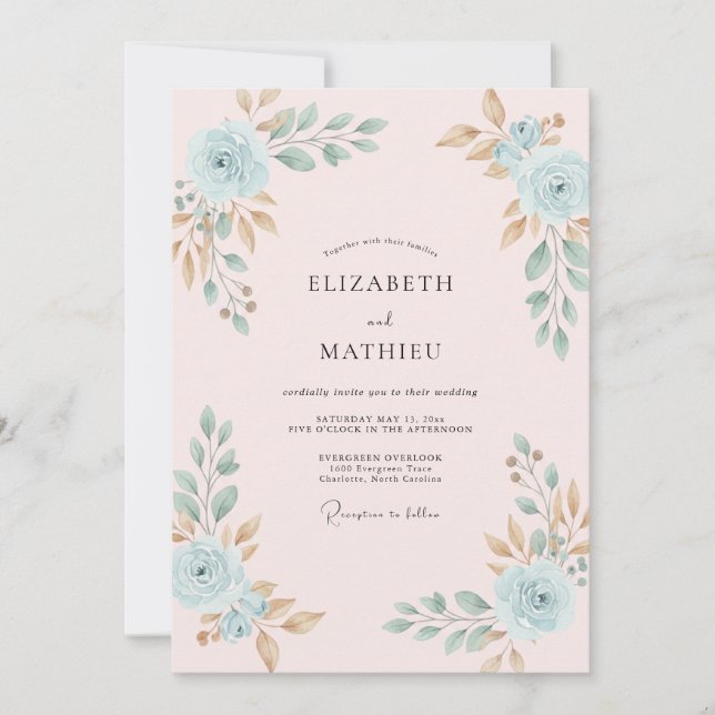 Invitation Mariage Eucalyptus à feuillage de pêche céruléen (Devant)