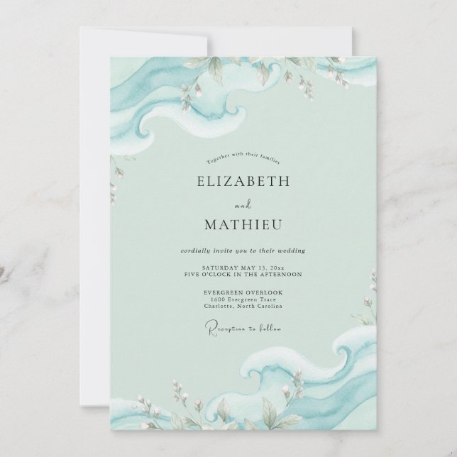 Invitation Mariage Eucalyptus Aqua Ocean Wave (Devant)