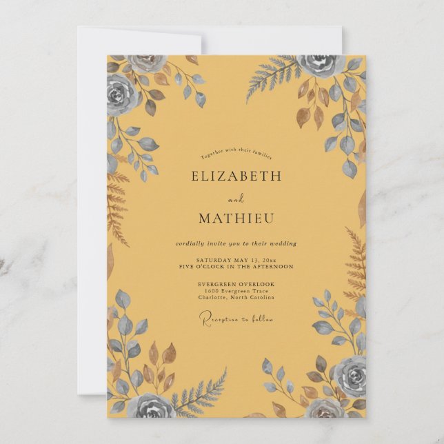 Invitation Mariage Eucalyptus au feuillage ardoise et moutard (Devant)