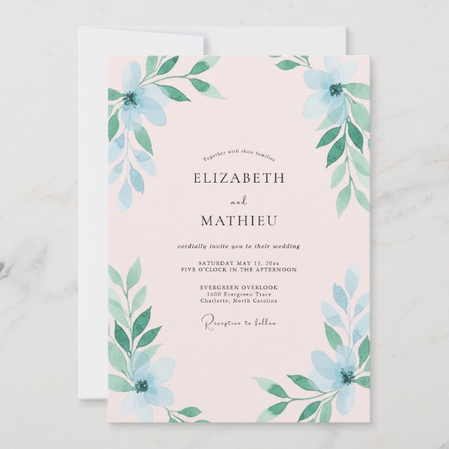 Invitation Mariage Eucalyptus au feuillage azur et écume de m (Devant)
