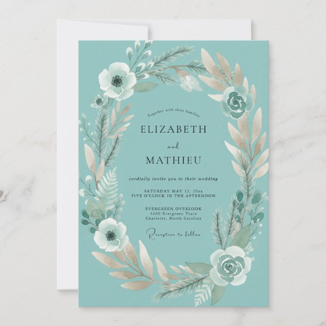 Invitation Mariage Eucalyptus au feuillage blanc sarcelle (Devant)