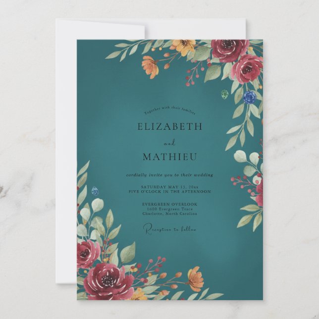 Invitation Mariage Eucalyptus au feuillage bordeaux sarcelle (Devant)