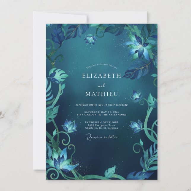 Invitation Mariage Eucalyptus au feuillage cyan de minuit (Devant)
