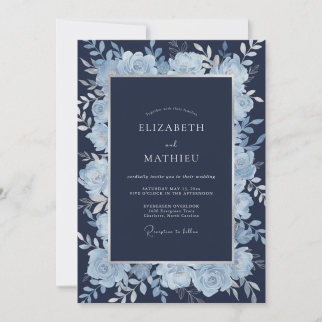 Invitation Mariage Eucalyptus au feuillage d'azur de minuit (Devant)
