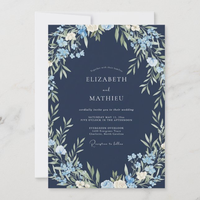 Invitation Mariage Eucalyptus au feuillage de bleuet marine (Devant)