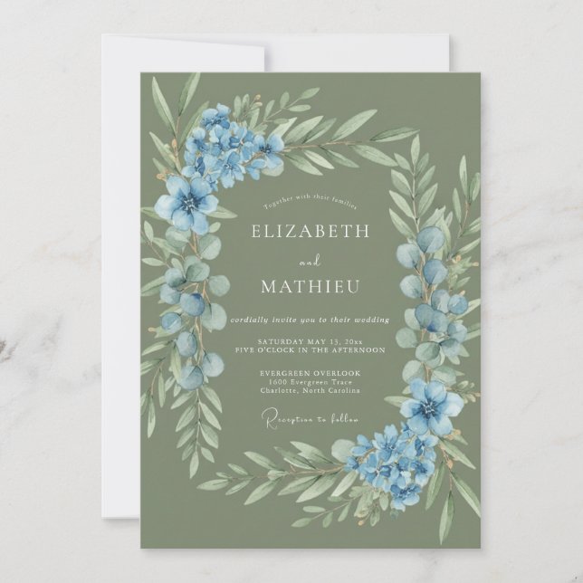 Invitation Mariage Eucalyptus au feuillage de Bleuet Sage (Devant)