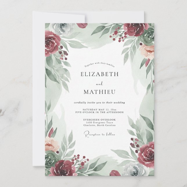 Invitation Mariage Eucalyptus au Feuillage de Bourgogne (Devant)