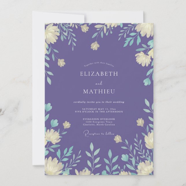Invitation Mariage Eucalyptus au feuillage de crème et perven (Devant)